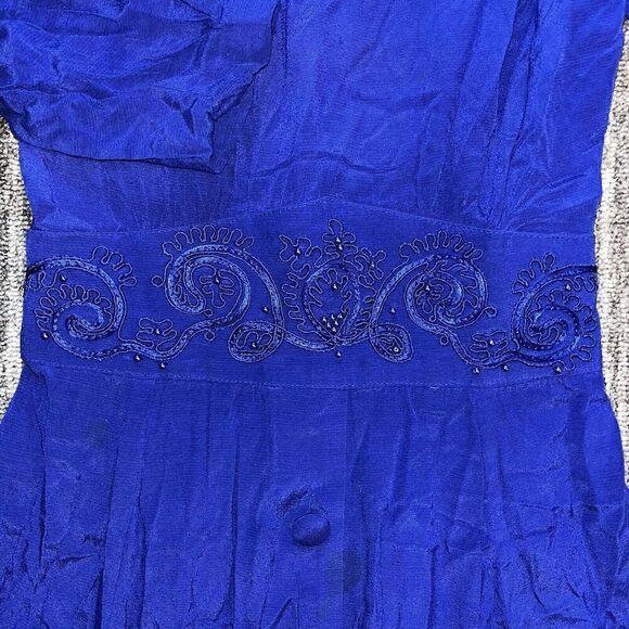 VTG 90s Karin Stevens Dress Blue Midi LS Embroidery Beads Secretary Geek - Picture 4 of 14